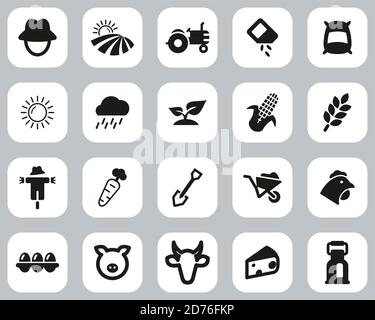 Farm & Farm Equipment Icons Black & White Flat Design Set Big Stock Vector