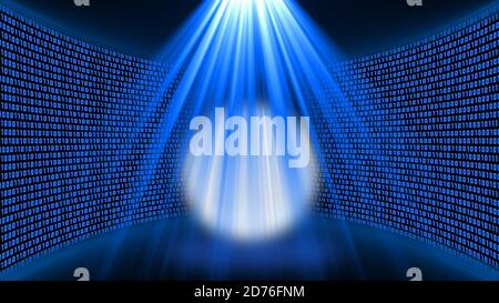 Abstract data flow background - bright blue shining light beam in the shape of a cone with floating sphere in front of of binary code in blue color Stock Photo