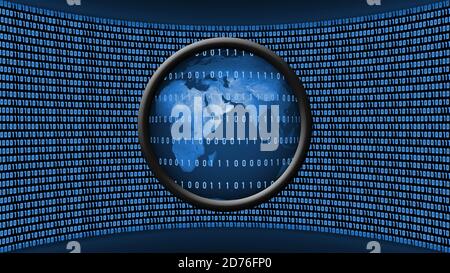 Earth globe behind lines of binary code in a magnifying lens in front of a virtual studio wall of binary code in royal blue color on dark blue Stock Photo
