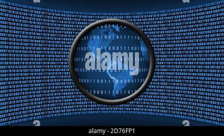 American continent behind lines of binary code in a magnifying lens in front of a virtual studio wall of binary code in royal blue color on dark blue Stock Photo