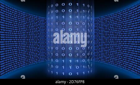 Abstract data flow background - binary code arranged in cylinder form with light effects in front of virtual binary code wall glowing in blue Stock Photo