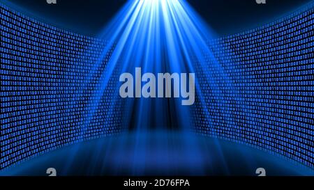 Abstract data flow background - bright blue shining light beam in the shape of a cone in front of a virtual studio wall of binary code glowing in blue Stock Photo