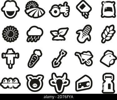 Farm & Farm Equipment Icons White On Black Sticker Set Big Stock Vector