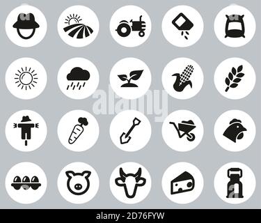 Farm & Farm Equipment Icons Black & White Flat Design Circle Set Big Stock Vector