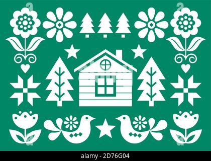 Christmas Scandinavian folk art vector greeting card design in white on green background in 5x7 format with Christmas trees, birds, Stock Vector