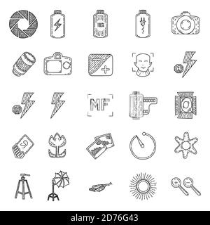 Photography Set Icon. Hand Drawn and doddle art style Stock Vector