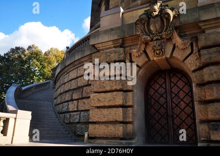 Art statue of water fountain for German people visit in Mannheimer Wasserturm Water tower gardens in Friedrichsplatz square public park at Mannheim on Stock Photo