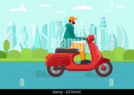 Male riding retro style scooter on modern city park road. Man drives red moped on street. Boy vintage motorcycle driver. Hipster on bike life in motion lifestyle vector eps illustration Stock Vector