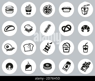Fast Food Or Junk Food Icons Black & White Flat Design Circle Set Big Stock Vector