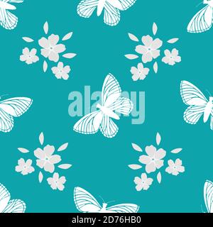 Forget-Me-Not floral and butterfly seamless vector pattern background. Pastel painterly watercolor effect white mysotis flowers clusters and flying Stock Vector