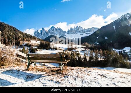 Famous place of the world, Santa Maddalena village with magical Dolomites mountains in background. Winter landscape. Stock Photo