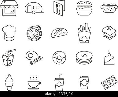 Fast Food Restaurant Or Fast Food Stand Icons Black & White Thin Line Set Big Stock Vector