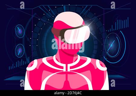 Virtual reality gaming in headset concept. User in pink suit wearing VR glasses helmet on HUD style abstract digital background. Futuristic technology vector eps illustration Stock Vector