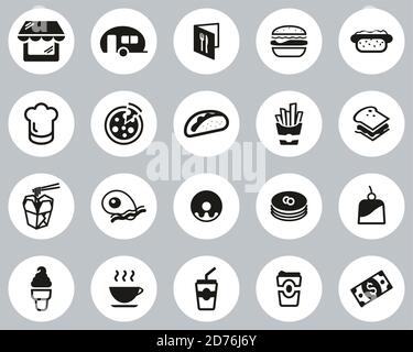 Fast Food Restaurant Or Fast Food Stand Icons Black & White Flat Design Circle Set Big Stock Vector