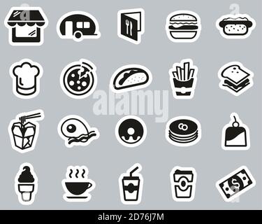 Fast Food Restaurant Or Fast Food Stand Icons Black & White Sticker Set Big Stock Vector