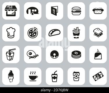 Fast Food Restaurant Or Fast Food Stand Icons Black & White Flat Design Set Big Stock Vector