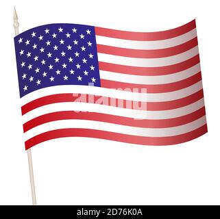 Vector Waving flag on a flagpole. The national flag of USA. Color symbol isolated on white. Stock Vector