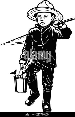 Fisherman Boy Silhouette Vector Illustration Isolated on White