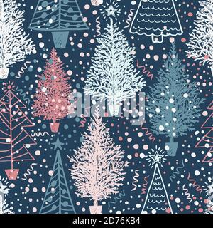 Seamless Vector Christmas pattern with Christmas abstract trees and snow on blue. Vector illustration perfect for greeting card backgrounds Stock Vector