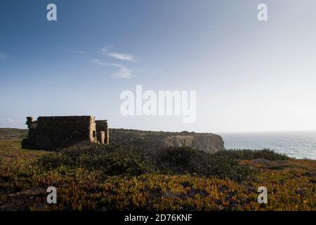 Landscape with old ancient ruins from XII century with islamic origins in southwest Portugal. View to the sea Stock Photo