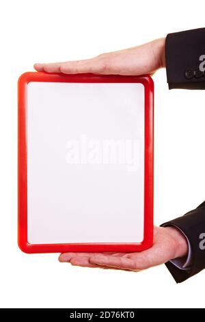 Hands holding an small empty whiteboard with red frame Stock Photo
