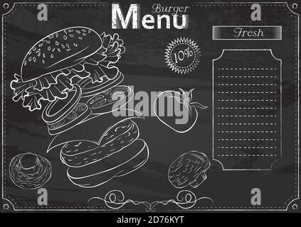 Vector template with burger elements for menu stylized as chalk drawing on chalkboard.Design for a restaurant, cafe or bar. Still life illustration. Fast food menu Stock Vector