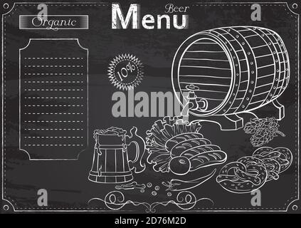 Vector template with beer elements for menu stylized as chalk drawing on chalkboard.Design for a restaurant, cafe or bar. Still life illustration. Elements of the Oktoberfest beer festival. Stock Vector