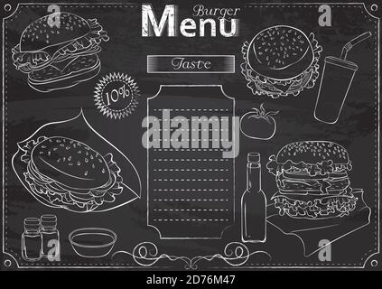 Vector template with burger elements for menu stylized as chalk drawing on chalkboard.Design for a restaurant, cafe or bar. Fast food menu Stock Vector