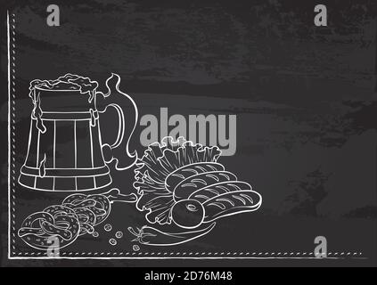 Vector template with still life with a wooden mug of beer and sausages stylized as chalk drawing on chalkboard.Design for a restaurant, cafe or bar. Elements of the Oktoberfest beer festival. Stock Vector