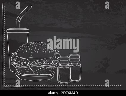 Vector template with still life with burger, cola and spices stylized as chalk drawing on chalkboard. Design for a restaurant, cafe or bar. Fast food menu Stock Vector