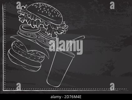 Vector template with burger elements and soda stylized as chalk drawing on chalkboard. Design for a restaurant, cafe or bar. Fast food menu Stock Vector