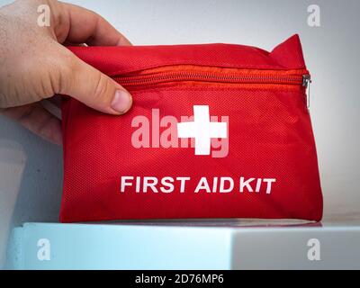 First aid kit placed at home Stock Photo
