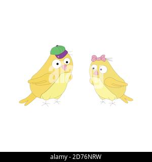 Funny cartoon birds, vector illustration. A bird with a hat and a bird with a bow Stock Vector
