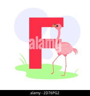 Children ABC english animal alphabet with F letter and cute flamingo. Stock Vector