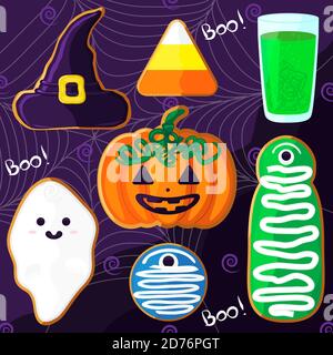 Cute Halloween spooky gingerbread cookies set vector illustration Stock Vector
