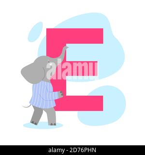 Children ABC english animal alphabet with E letter and cute Elephant. Stock Vector