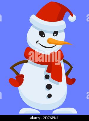 Snowman with hands on his belt. Christmas character in cartoon style. Stock Vector