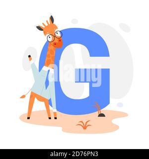 Children ABC english animal alphabet with G letter and cute giraffe. Stock Vector