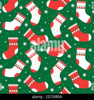 Christmas red and green socks doodle seamless pattern. vector pattern on a green background with snowflakes Stock Vector