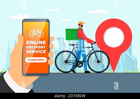 Fast bicycle delivery ordering service app concept. Hand holding smartphone with geotag gps location pin on city street and express shipping courier with backpack. Online application vector eps Stock Vector