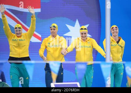 L R Emily Seebohm Emma Mckeon Taylor Mckeown Aus August 13 2016 Swimming Women S 4x100m Medley Relay Final At Olympic Aquatics Stadium During The Rio 2016 Olympic Games In Rio De