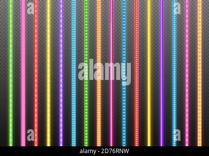 Colorful LED strips collection, bright luminous ribbons isolated on a transparent background. Realistic neon garlands. Stock Vector