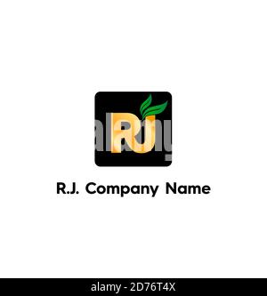 RJ Letters with green leaf. RJ Golden monogram. Stock Vector