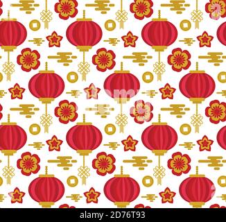Chinese style red gold seamless pattern. Repeating texture, background. Vector illustration Stock Vector