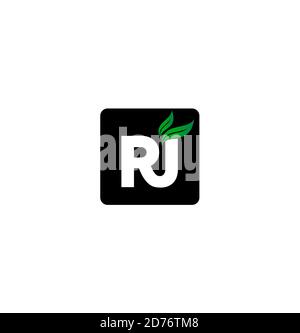 RJ Letters with green leaf. RJ monogram. Stock Vector