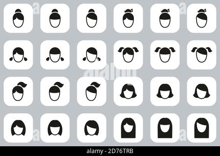 Female Haircut Style Icons Black & White Flat Design Set Big Stock Vector