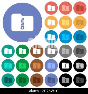 Compressed folder multi colored flat icons on round backgrounds. Included white, light and dark icon variations for hover and active status effects, a Stock Vector