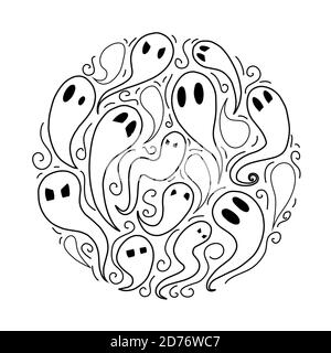 Set of outline cartoon ghosts with emotions in circle. Doodle Spirits in different forms with curls. Halloween elements for decorating. Vector object Stock Vector
