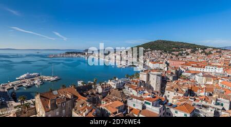 Multi image panorama overlooking the tree lined promenade of Split known as the Riva from the top of the Cathedral of Saint Domnius bell tower  seen i