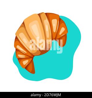 Cartoon croissant illustration on turquoise background. View from above. French pastries. Vector flat picture for menus, recipes, cards and your creat Stock Vector